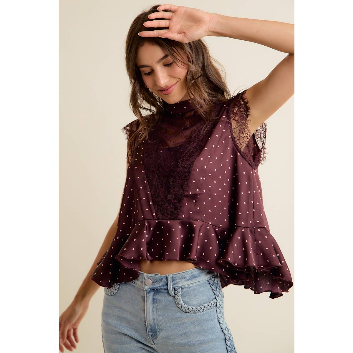 POLKA DOT LACE TRIM RUFFLED NECK BLOUSE