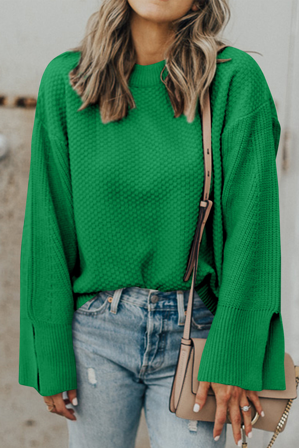 Textured Round Neck Long Sleeve Sweater