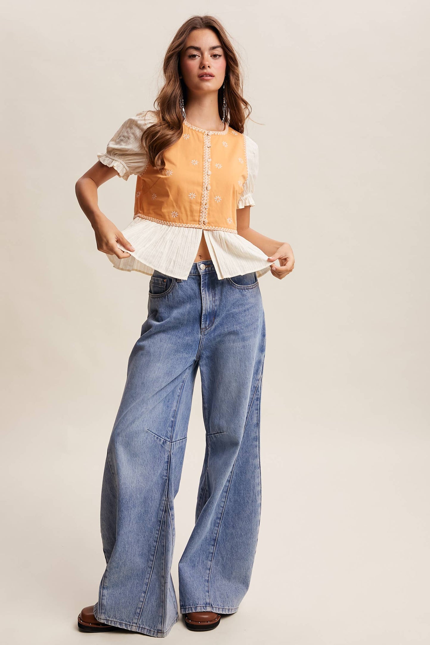 Embroidered Peplum Mixed-Media Top