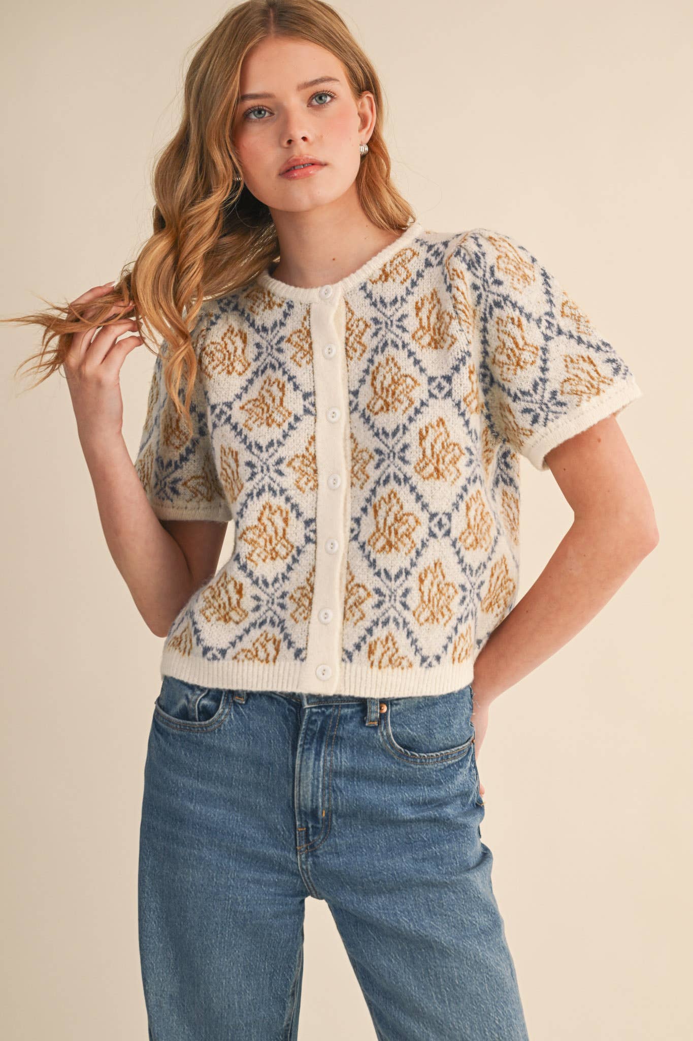 FLORAL SHORT SLEEVE SWEATER CARDIGAN Cream/Blue