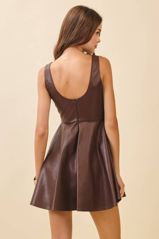 Faux Leather Scoop Back Fitted Bodice Mini Dress