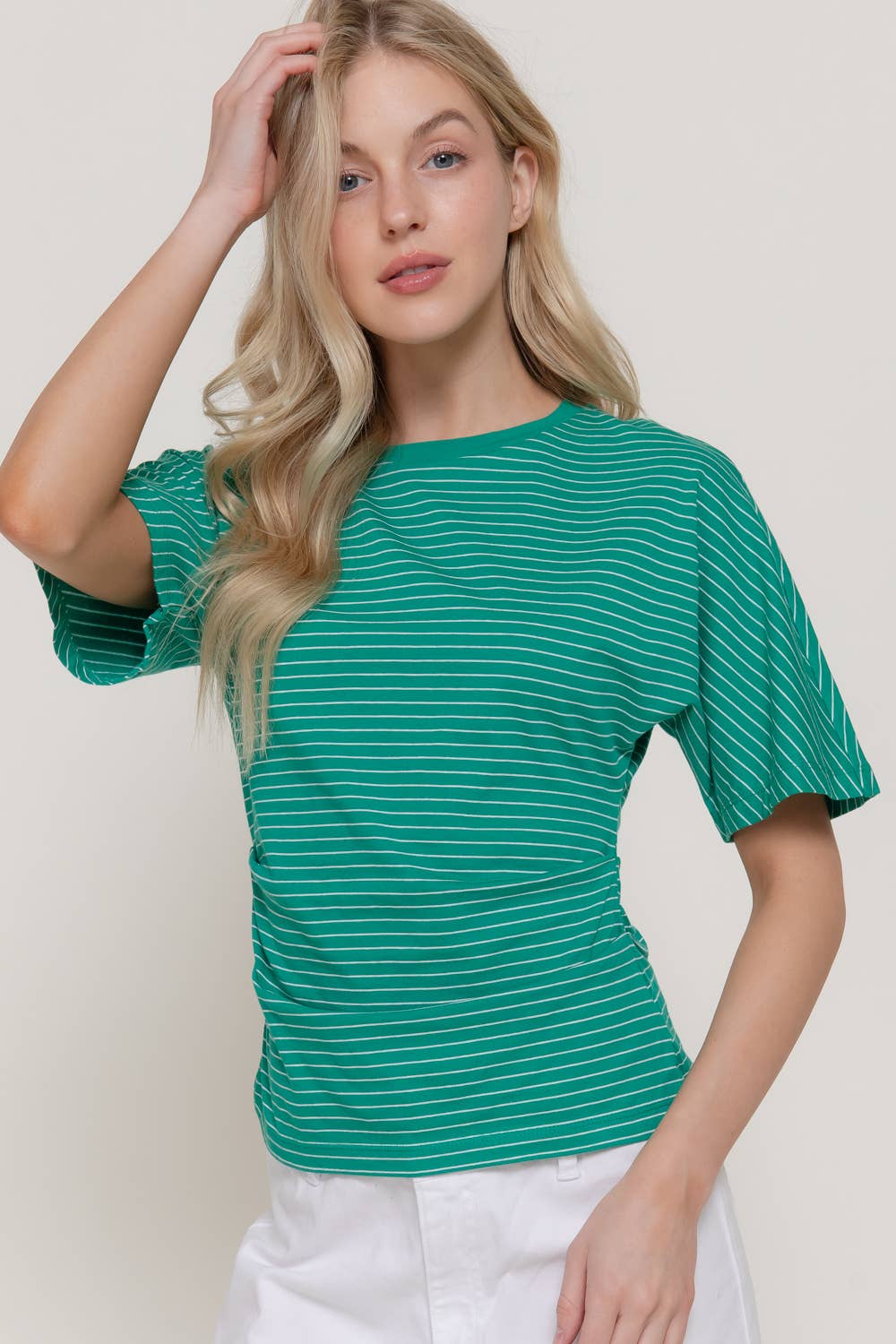 Short Dolman Sleeve Defined Silhouette Stripe Knit Top