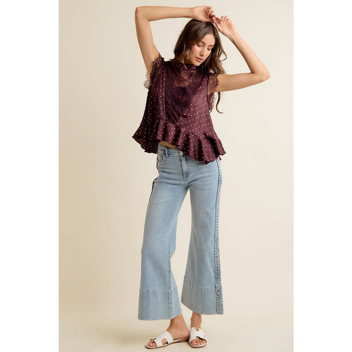 POLKA DOT LACE TRIM RUFFLED NECK BLOUSE