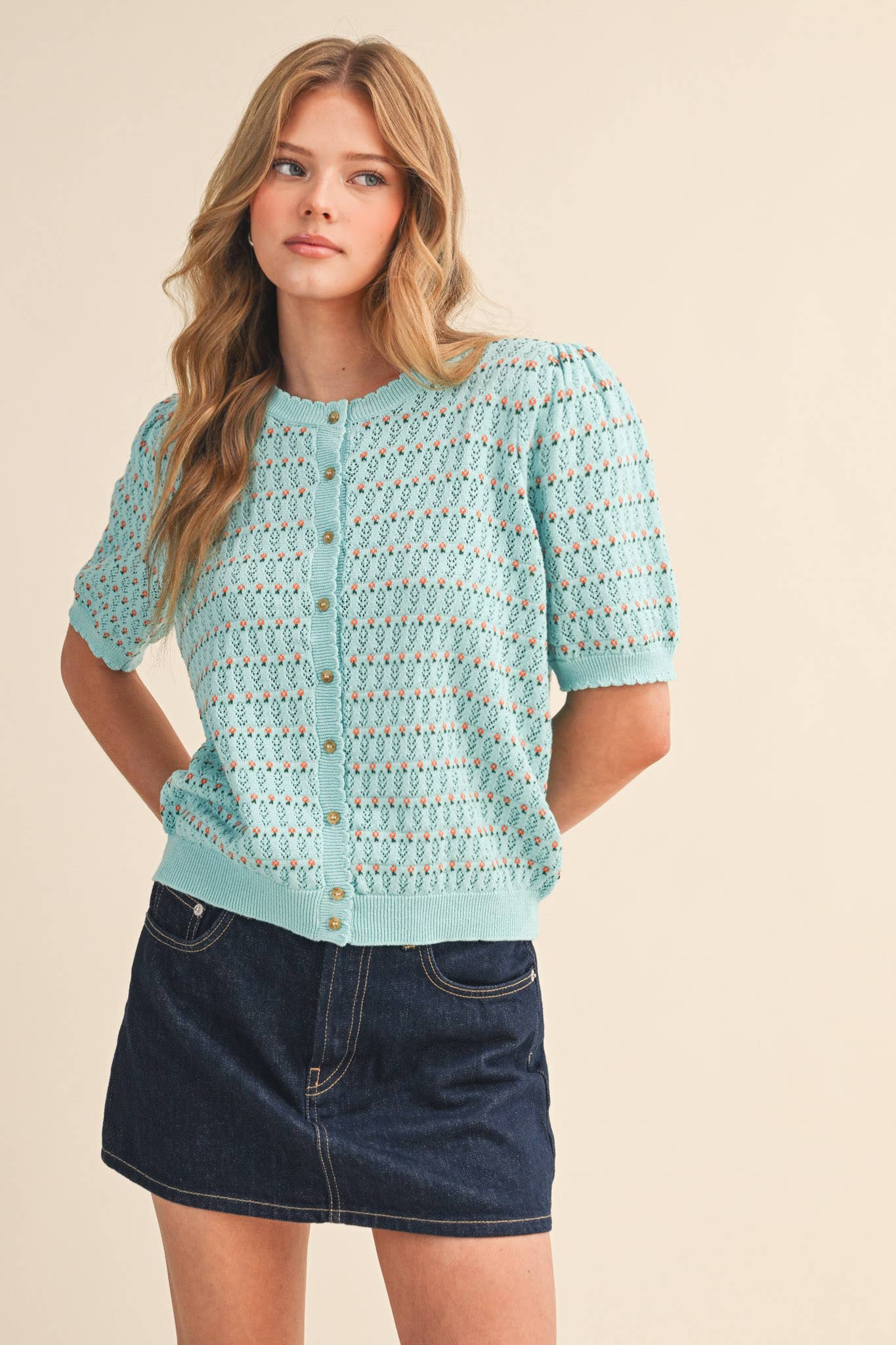 POINTELLE SHORT PUFF SLEEVE BUTTON DOWN SWEATER MSW11254