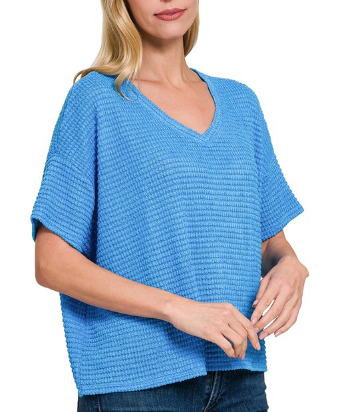 Drop Shoulder Waffle Top Blue