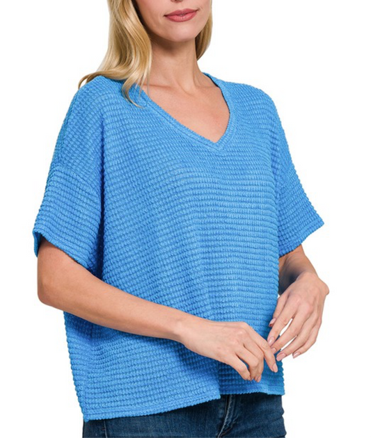 Drop Shoulder Waffle Top Blue