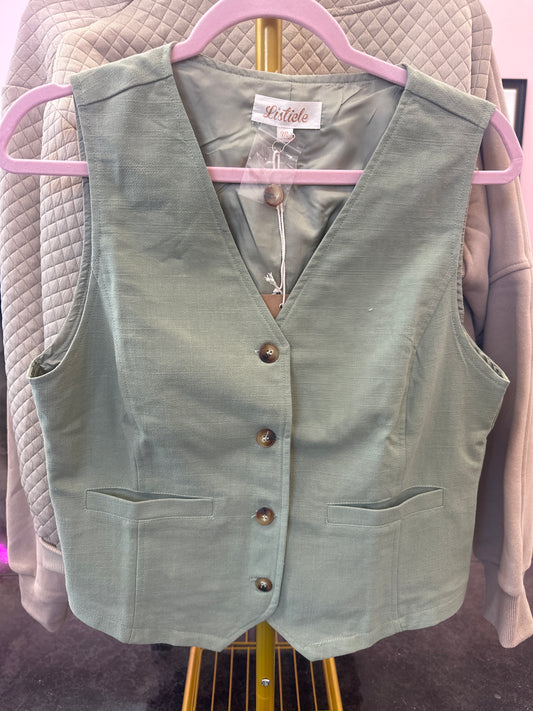 Fitted Linen Vest with Pockets-Sage