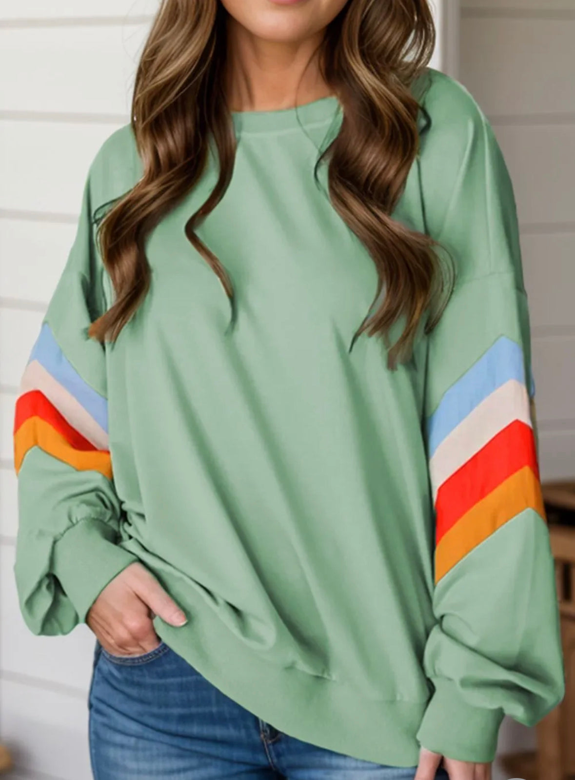 Sage Sweatshirt with Striped Sleeve