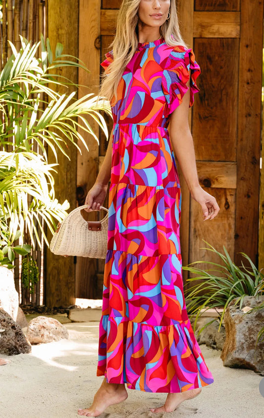 Print Mock Neck Tiered Dress