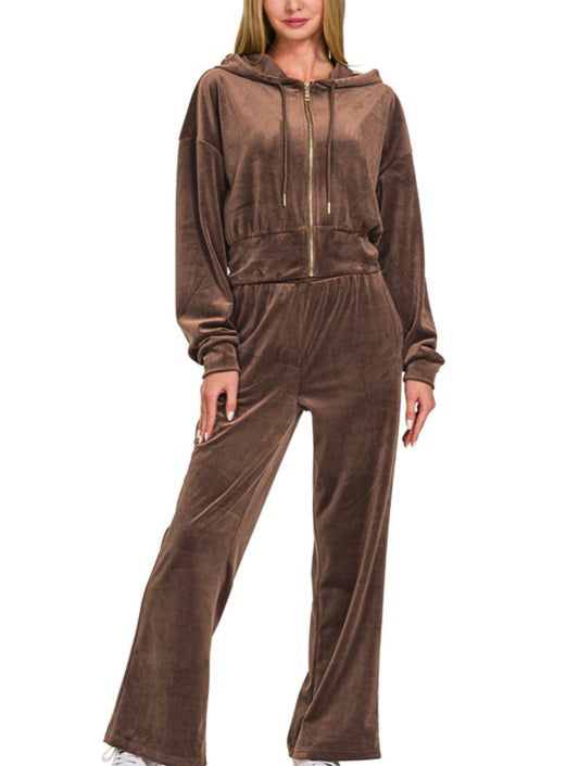 Velvet Zip Jacket Pants Set Mocha