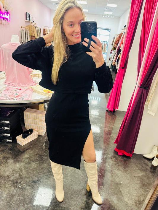Crop Sweater and Dress Set Black