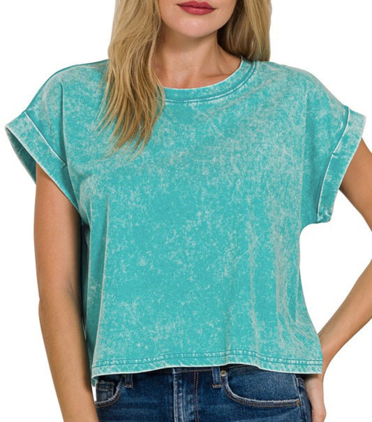 Mineral Wash Folded Sleeve Tee-Teal