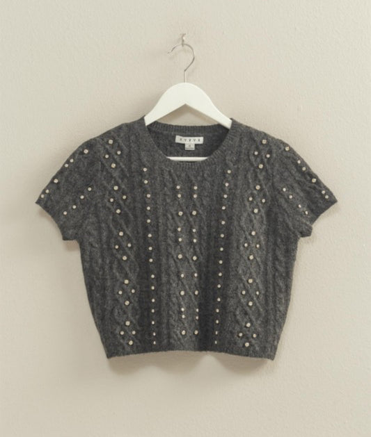 Rhinestone Studded Crop Sweater Charcoal