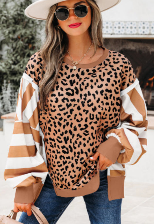 Khaki Stripe Leopard Colorblock Top