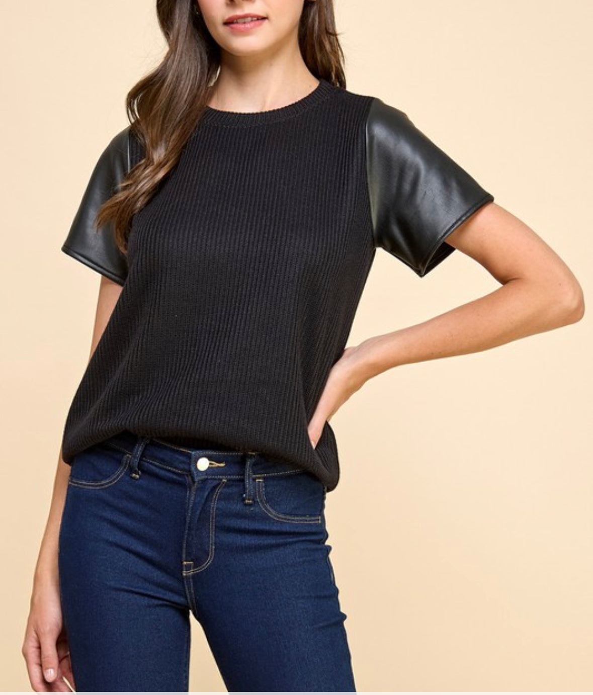 Solid Knit Top w/faux leather sleeves Black