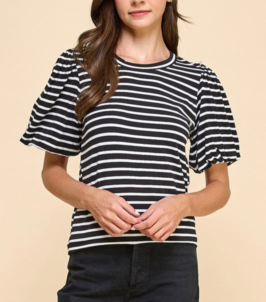 Striped Top Puff Sleeve Black