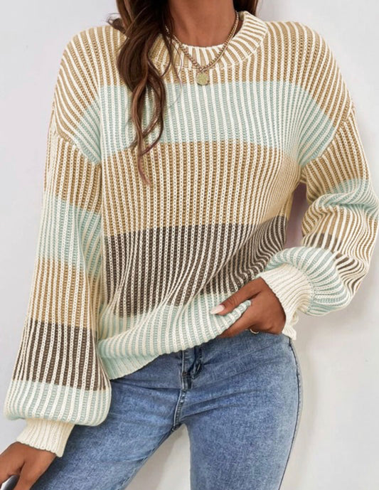 Colorblock Knit bubble sleeve sweater-Green