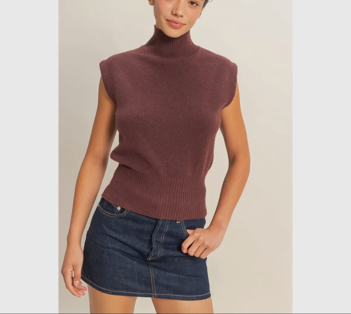 High Neck Sleeveless Sweater Brown