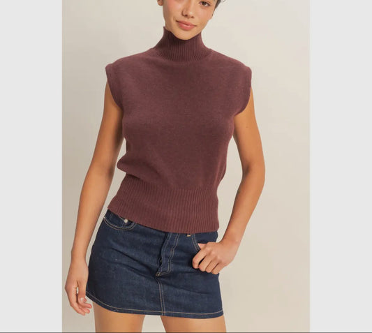 High Neck Sleeveless Sweater Brown