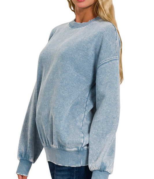 Acid Wash Fleece Pullover Blue