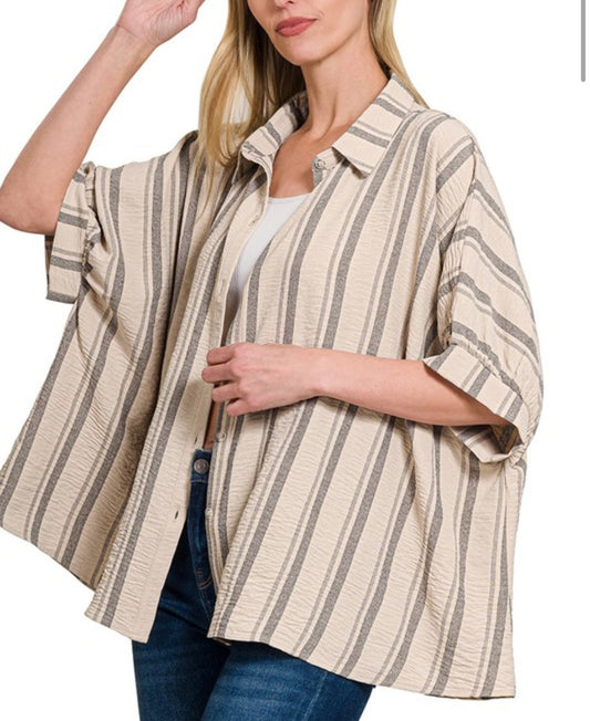 Oversized Stripe Button Top Taupe