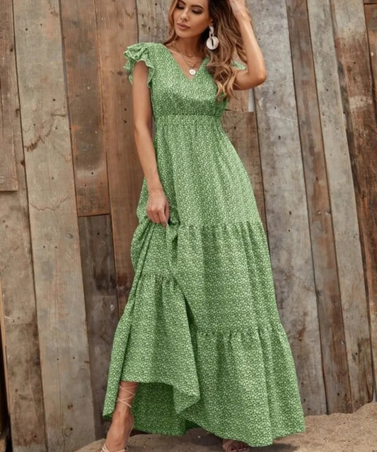 Green Floral Maxi Short Sleeve Dress