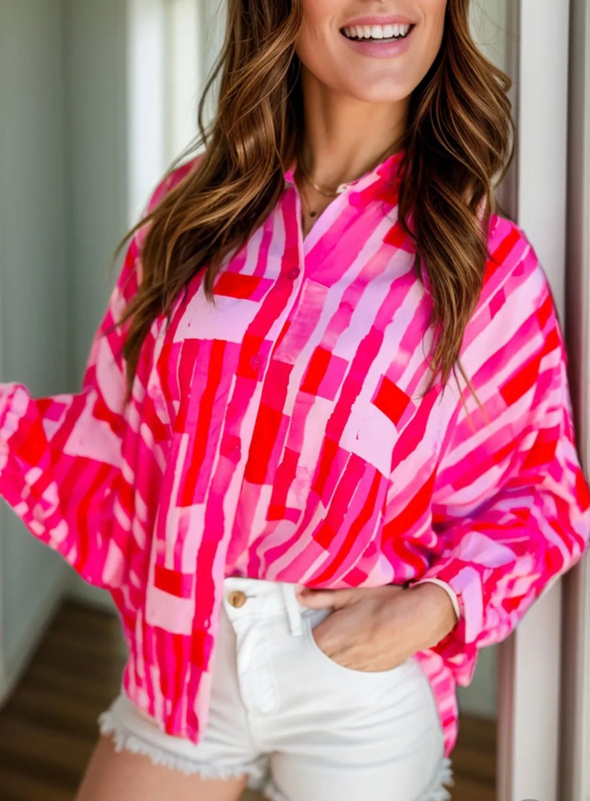 Pink Print Batwing Button up