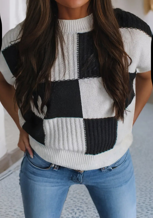 Checkered Sleeveless Sweater Black