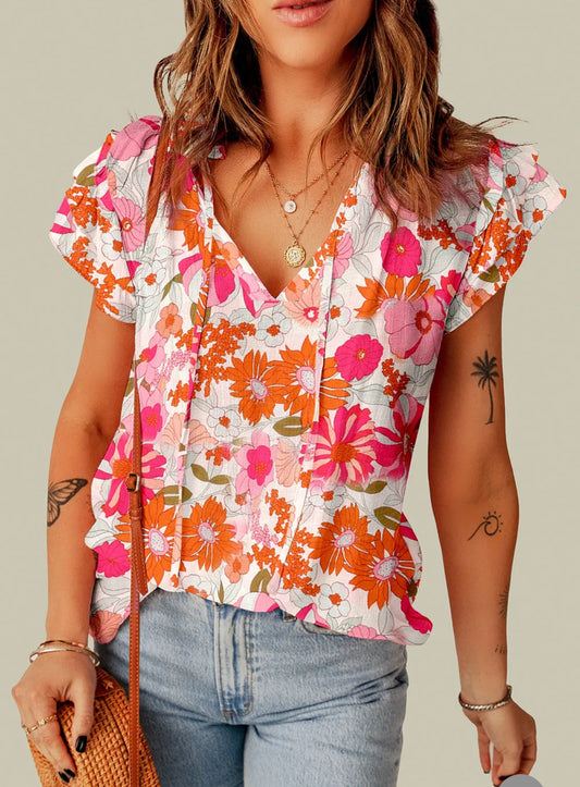 Floral Tie Neck Flutter Sleeve