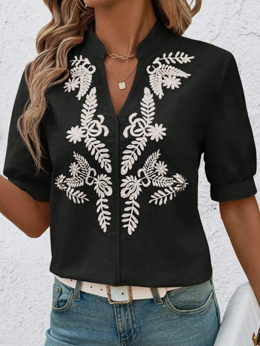 Vneck Embroidery Black Top