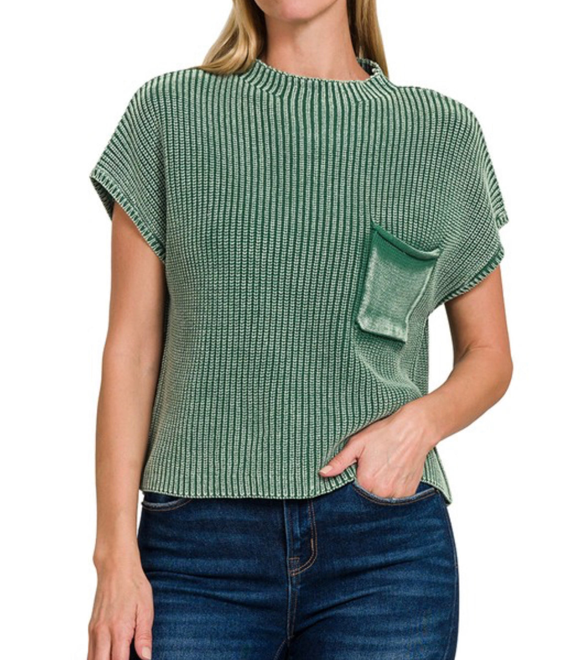 Washed Mock Neck Sweater Green