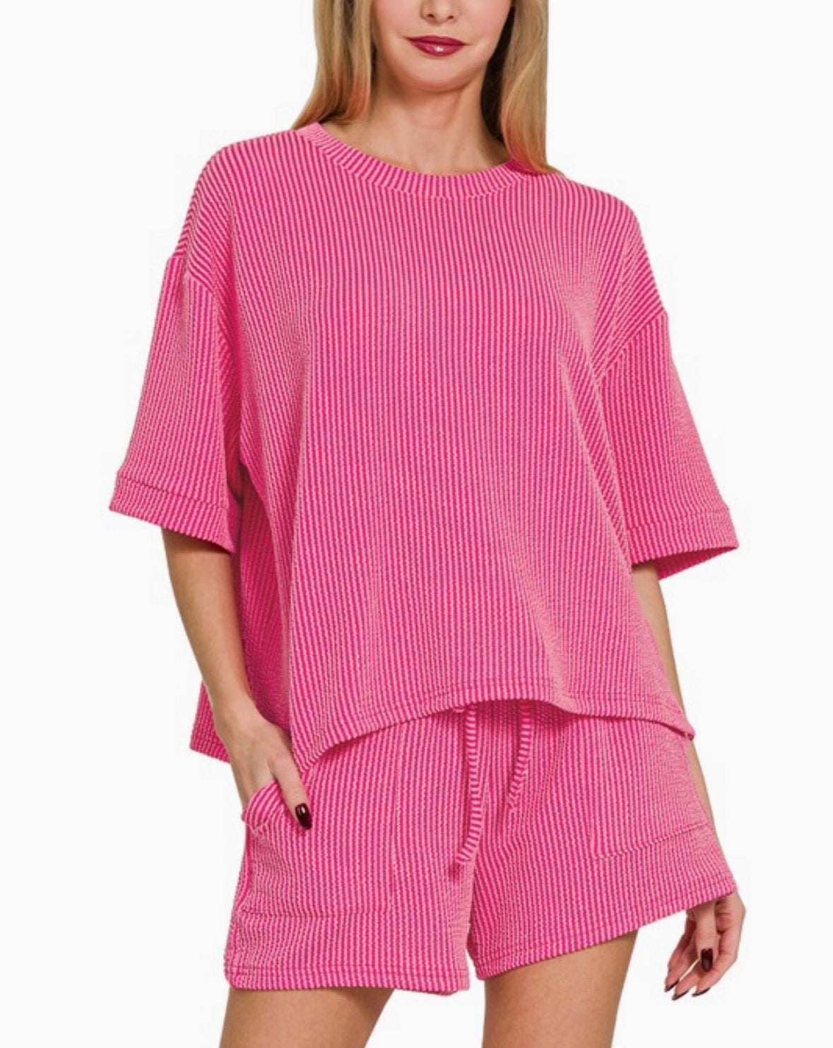 Ribbed Shorts Set Pink