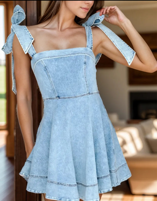 Square Neck Shoulder Tie Denim Dress