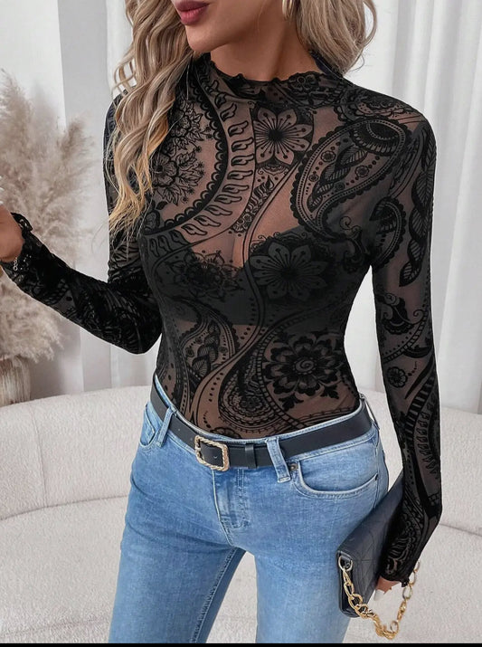 Velvet Print Mesh Long Sleeve Black