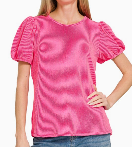 Ribbed Puff Sleeve Top Hot Pink