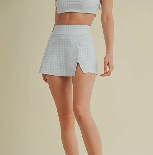 Blue Gingham Side Slit Skort
