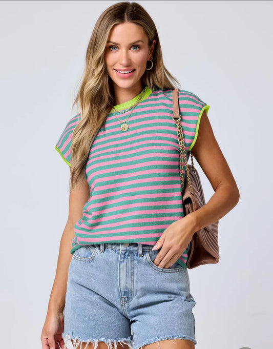 Mandy Contrast Cap Sleeve Pink/Green