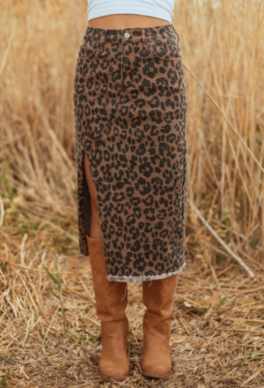Leopard Denim Skirt w/slit
