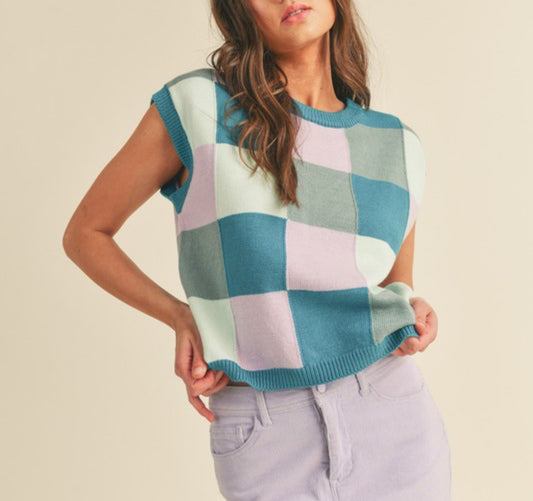Colorful Checkered Sweater Vest- Teal