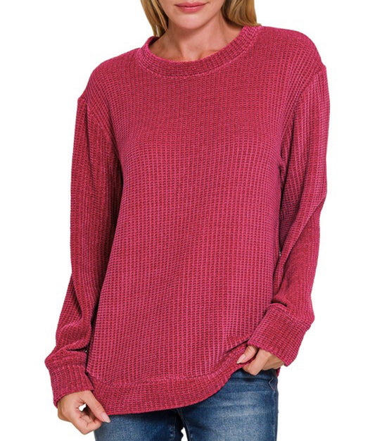 Chenille Waffle Sweater-Cabernet