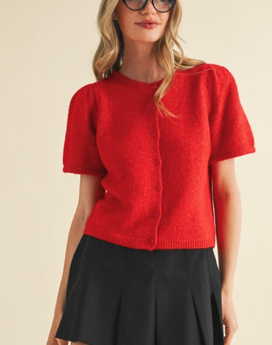 Short Puff Sleeve Cardigan Red