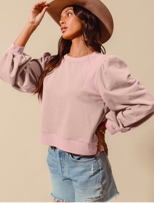 Terry Knit Top Puff Sleeves-Mauve