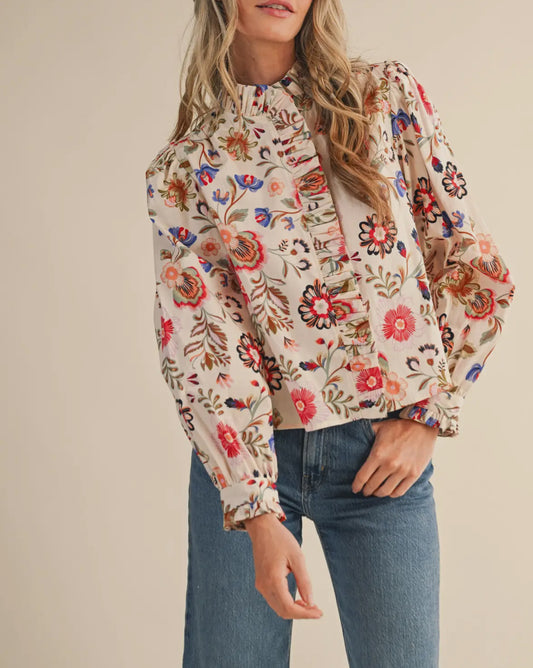 Floral Print Ruffle Button Top