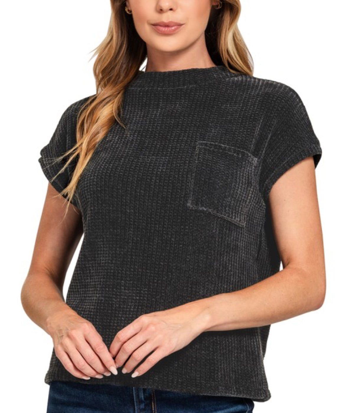 Chenille Waffle Short Sleeve Sweater-Black