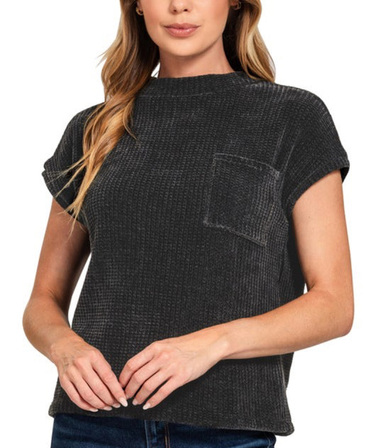 Chenille Waffle Short Sleeve Sweater-Black