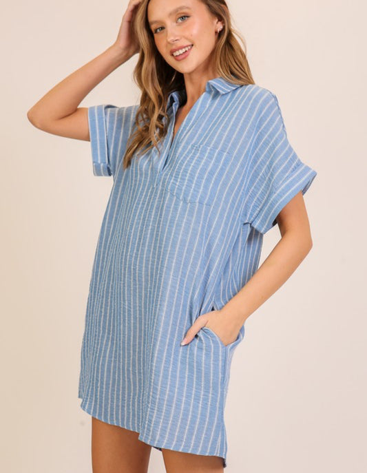 Stripe Linen Vneck Collar Dress