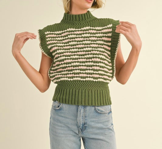 Contrast Stitch Sweater Vest - Olive