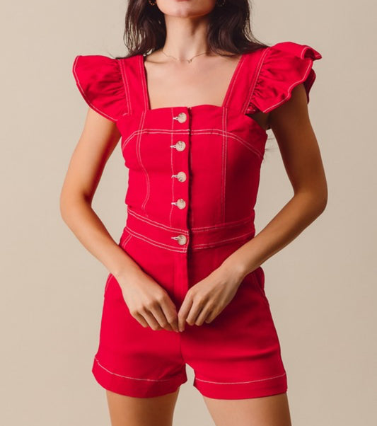 Button Front Romper Red