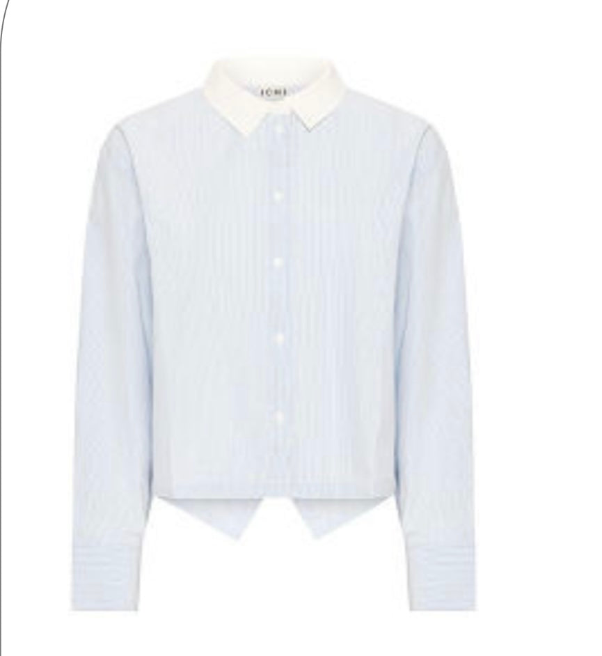 Ichi Blue Pinstripe Button Blouse