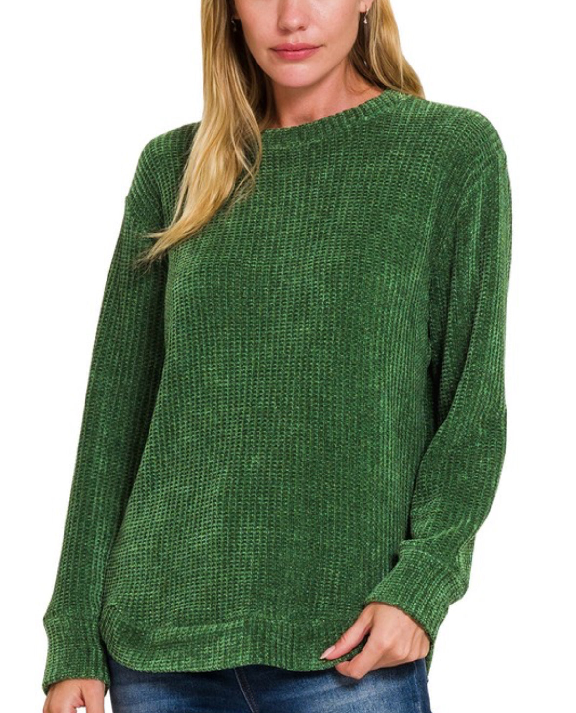 Chenille Waffle Sweater-Dk Green